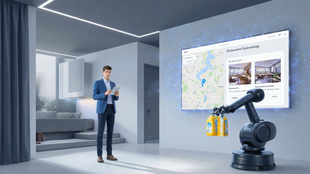 Budoucí chytrý byt s AI řízeným osvětlením, senzory a digitálním rozhraním, které doporučuje restaurace podle preference uživatele.