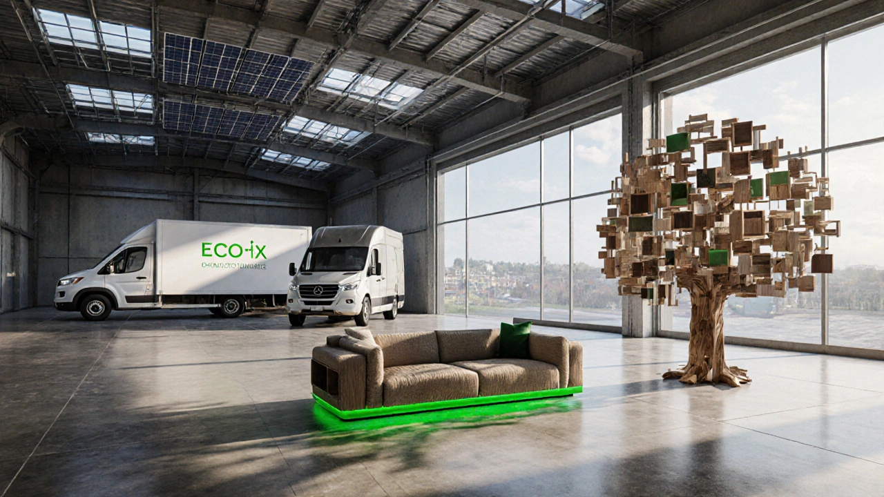 Budoucí logistické centrum Brno s eko-nábytkem a zelenými dopravními prostředky.