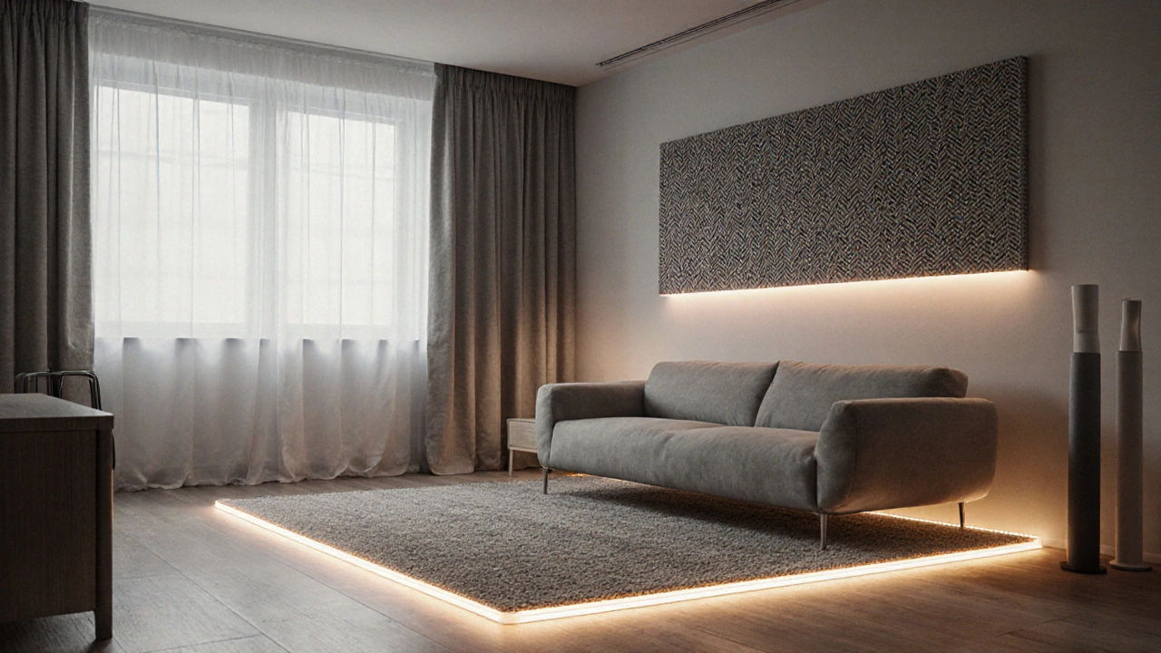 Chytrý koberec s podsvícením a akustické panely oddělují zóny v moderním českém bytě.