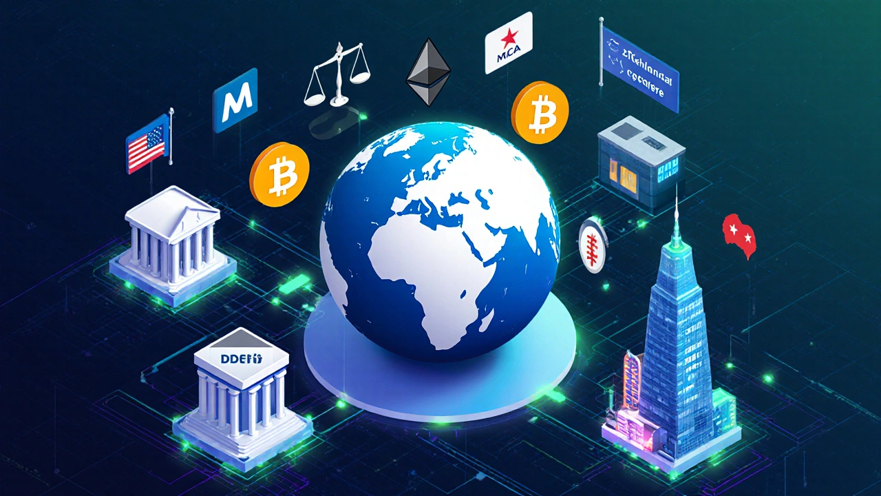 Digitální mapa světa s ikonami Bitcoin, DeFi a institucí.