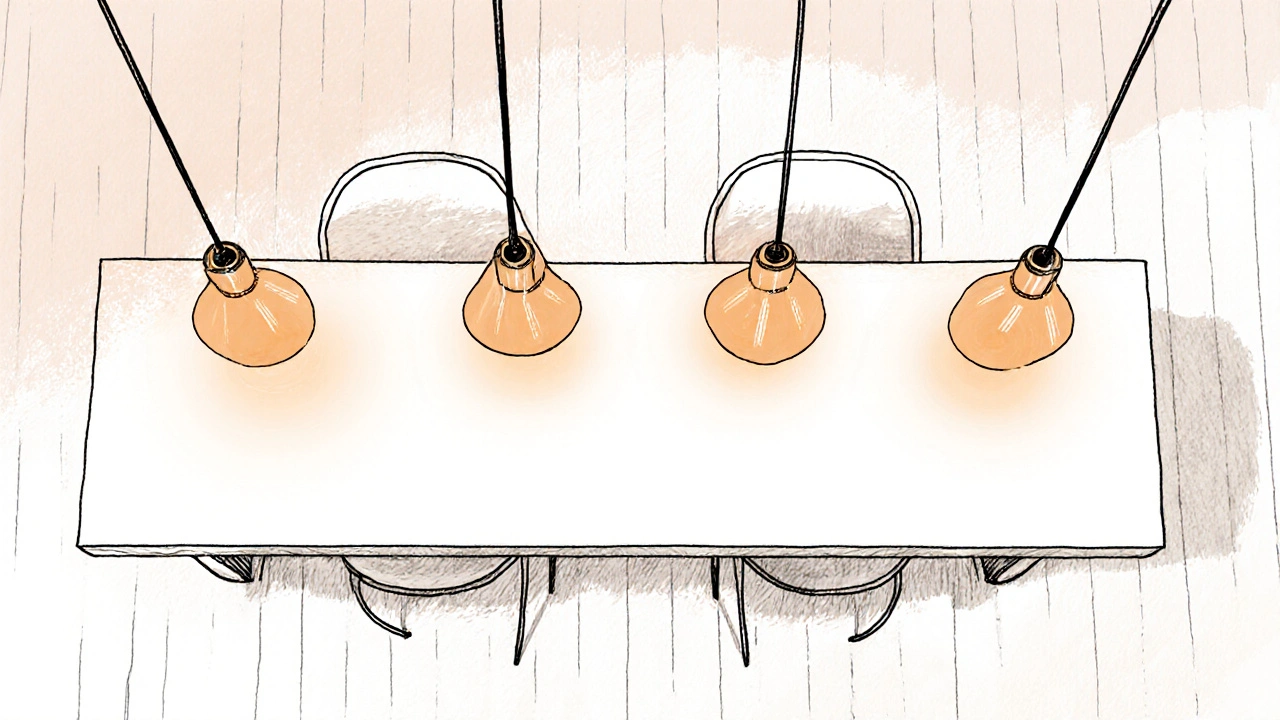 Dlouhý barový stůl se třemi až čtyřmi menšími lampami rovnoměrně rozmístěnými nad ním.