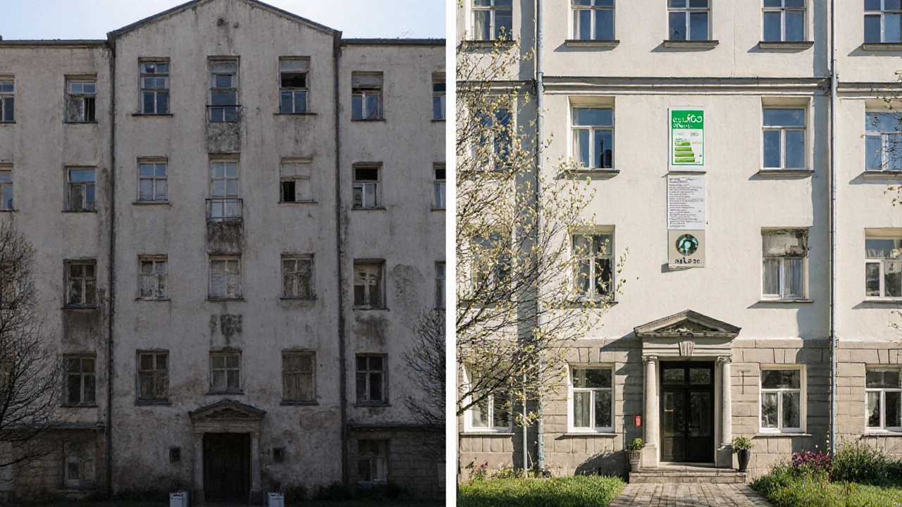 Dvě verze panelového domu: stará s jednovrstvými okny a nová s tepelnou izolací a třídou energetické náročnosti D.