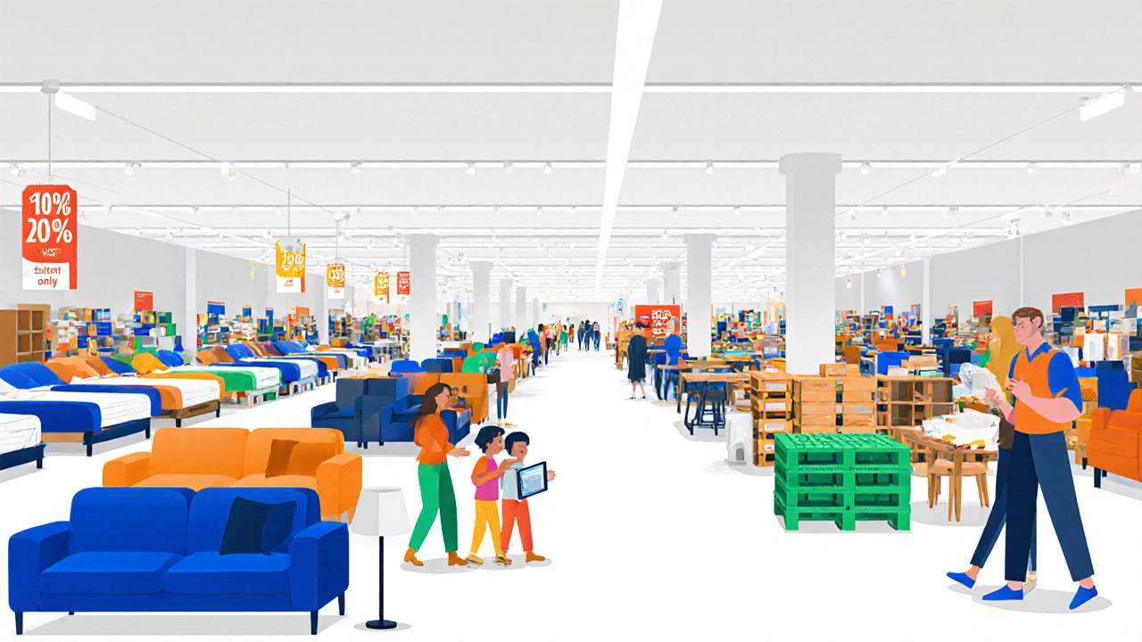 Interiér pražské prodejny Möbelix v Vršovicích s řadami nábytku a nakupujícími.