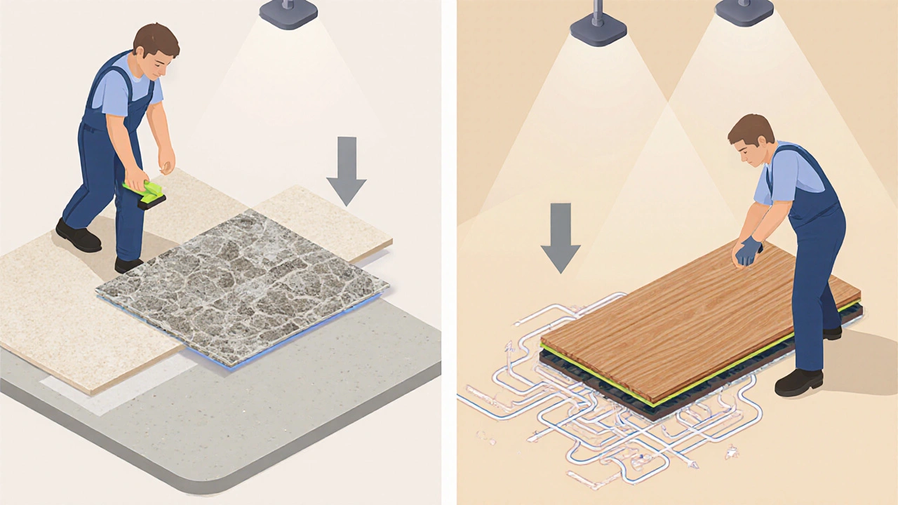 Izometrické zobrazení instalace laminátové a plovoucí podlahy s podlahovým topením.