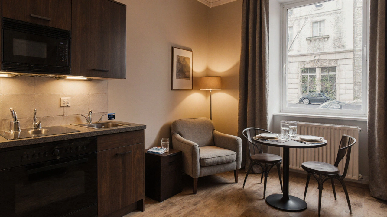 Klasický servisovaný byt s tmavým dřevěným nábytkem, teplými barvami a domácí atmosférou, vhodný pro zkušenější nájemce.
