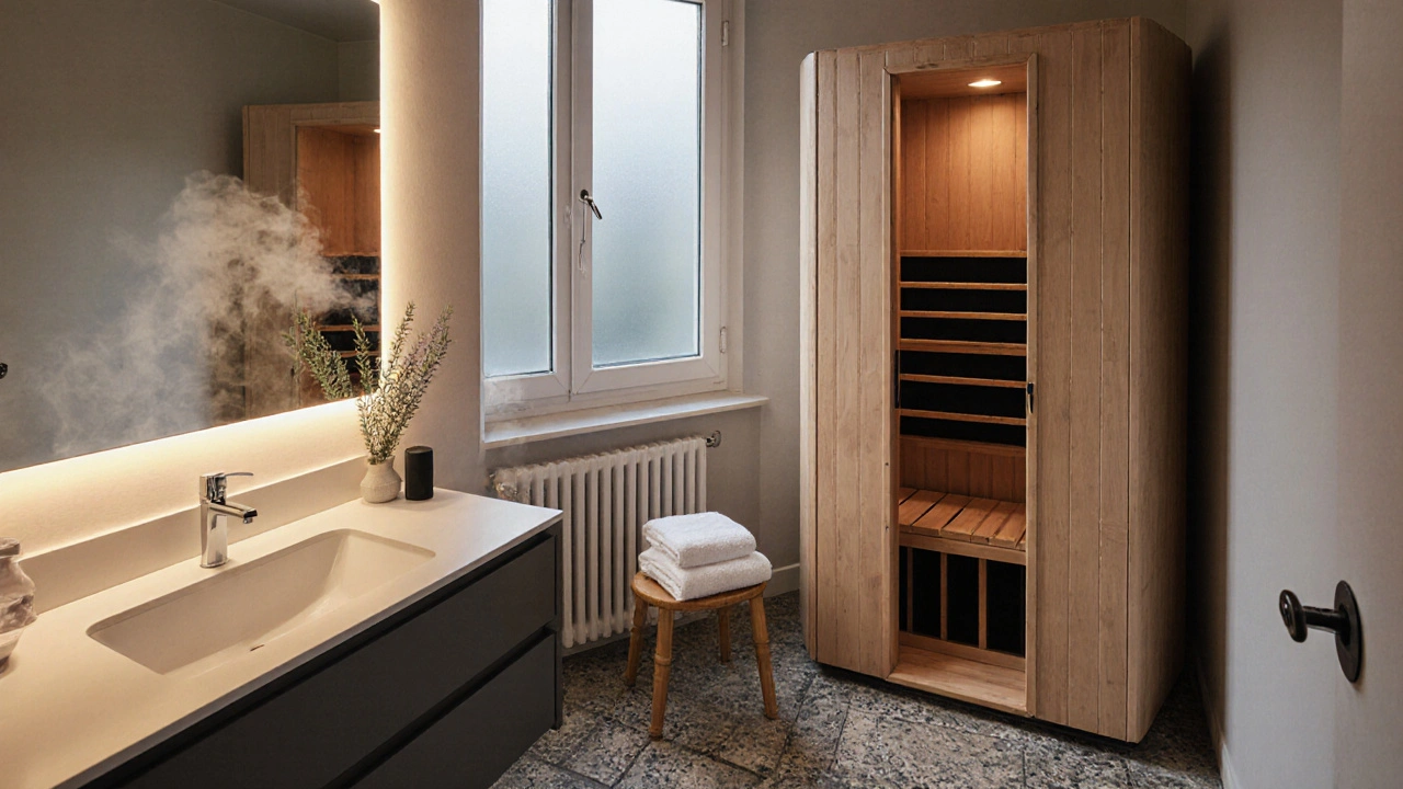 Koupelna přeměněná na wellness prostor s infrasaunou a přírodními prvky.