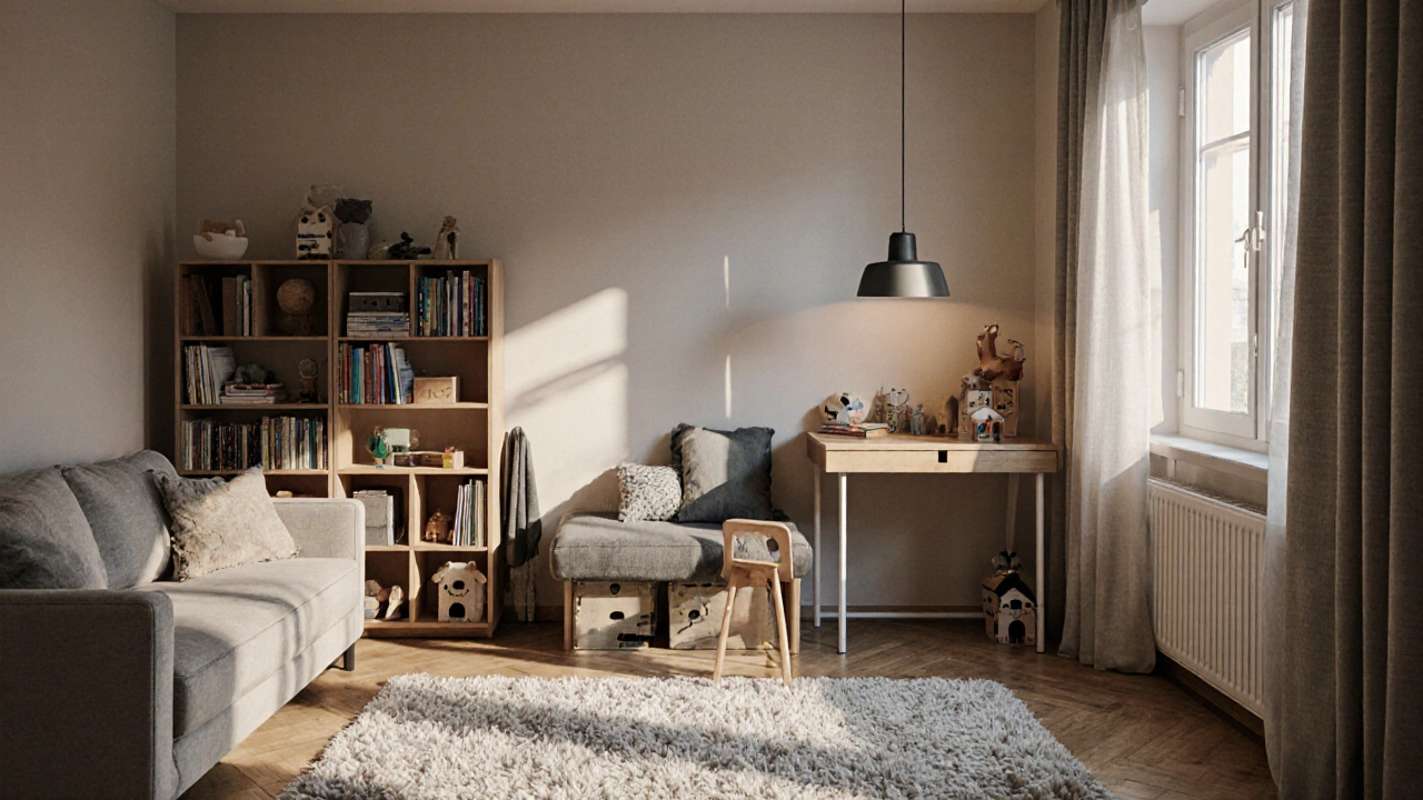 Malý český byt s víceúčelovým nábytkem, kde pohovka, stůl a hračky sdílejí prostor.