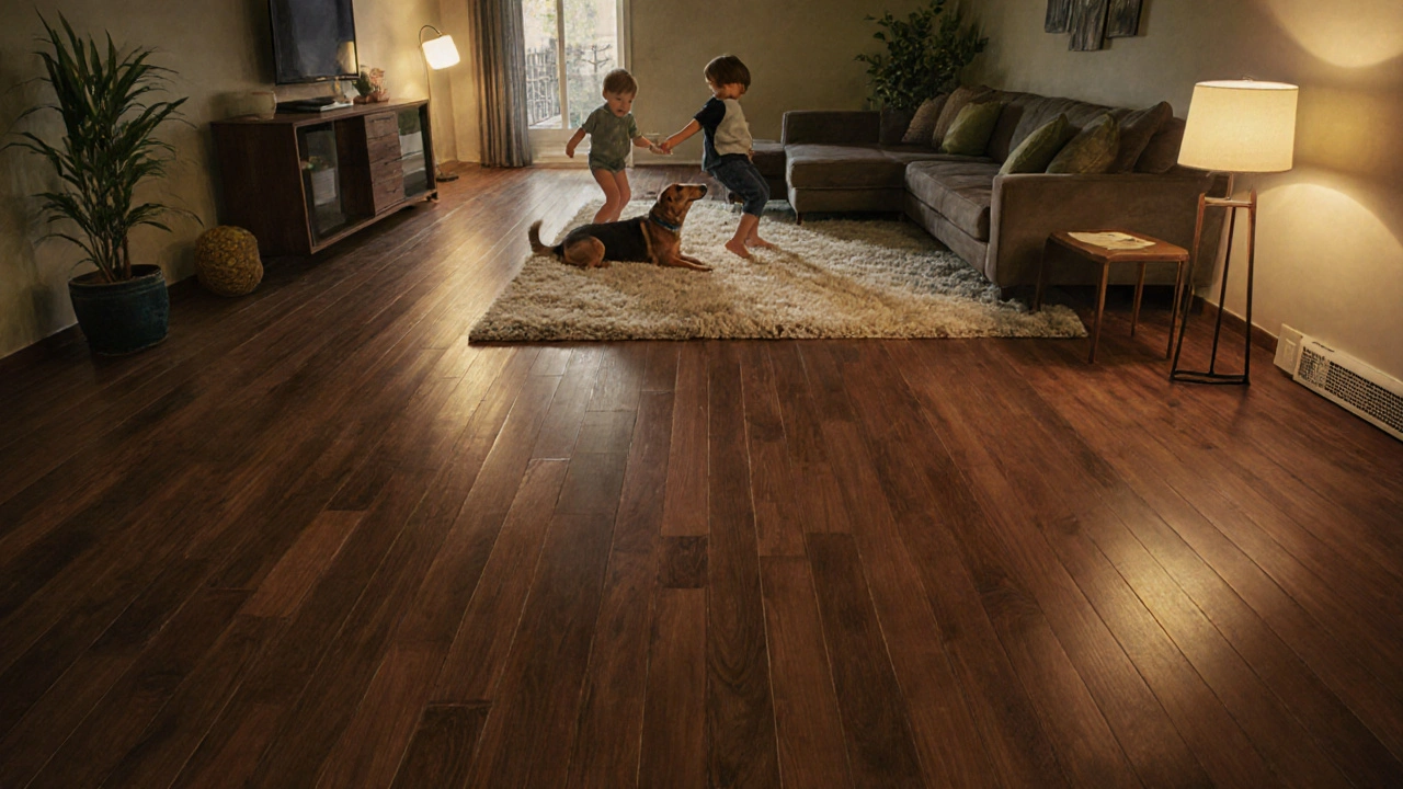 Obývací pokoj s napnutou dřevěnou plovoucí podlahou, dětmi a psem.