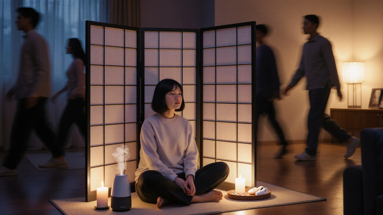 Osoba meditující za japonským paravanem v obývacím pokoji s teplým světlem.