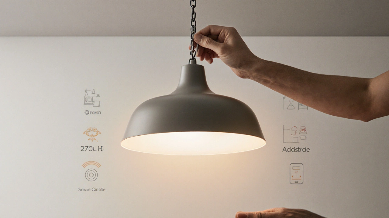 Osoba nastavuje výšku a teplotu světla inteligentní LED závěsné lampy.