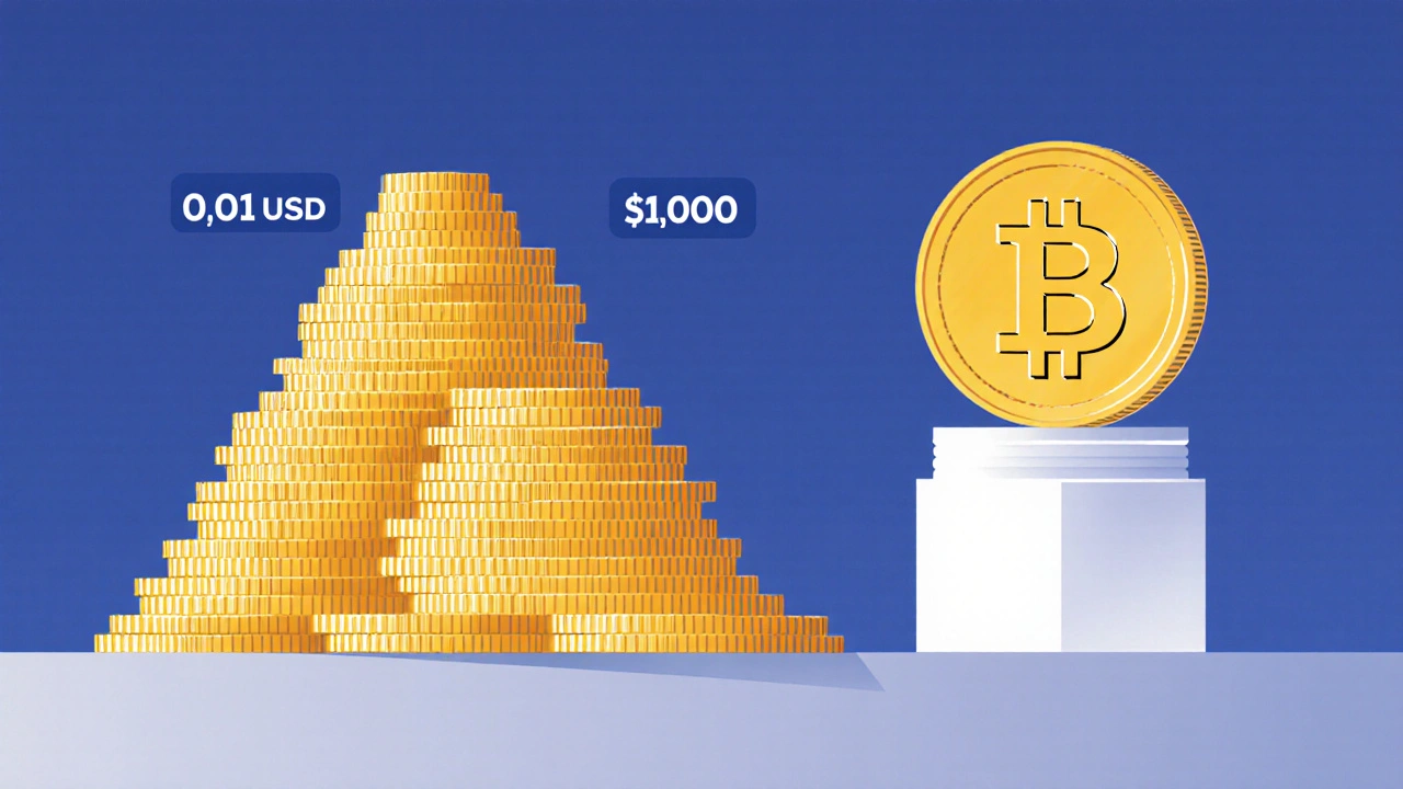 Porovnání dvou kryptoměn: malá cena s obrovským počtem mincí proti vysoké ceně s malým počtem mincí, znázorněno jako hory a pilíře.