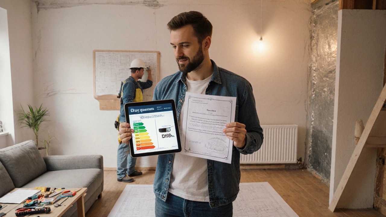 Vlastník s energetickým potvrzením a stavebními plány, za ním pracovníci instalují podlahové vytápění.