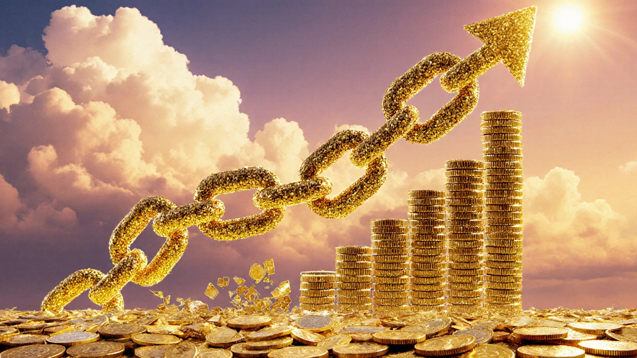 Zlatý řetěz spojující miliony kryptoměn do tvaru rostoucího grafu, symbolizující důvěru investitorů a tržní kapitalizaci.