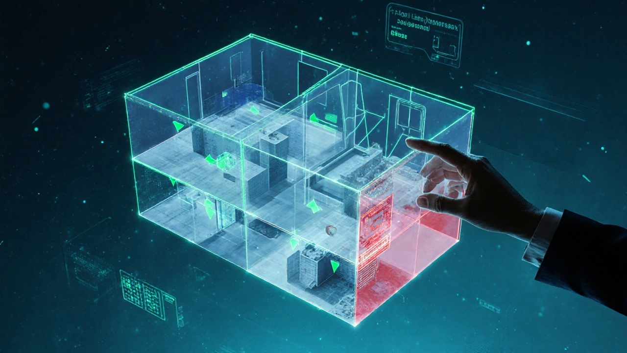 3D sken bytu zobrazující změny po rekonstrukci, s přehledem úprav a skrytých vad.