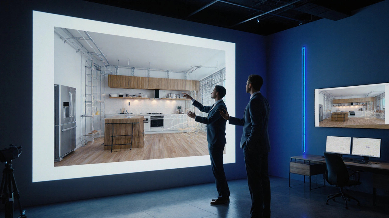 Architekt v pražské kanceláři ukazuje na 3D model domu, klient interaguje s kuchyní pomocí rukou.