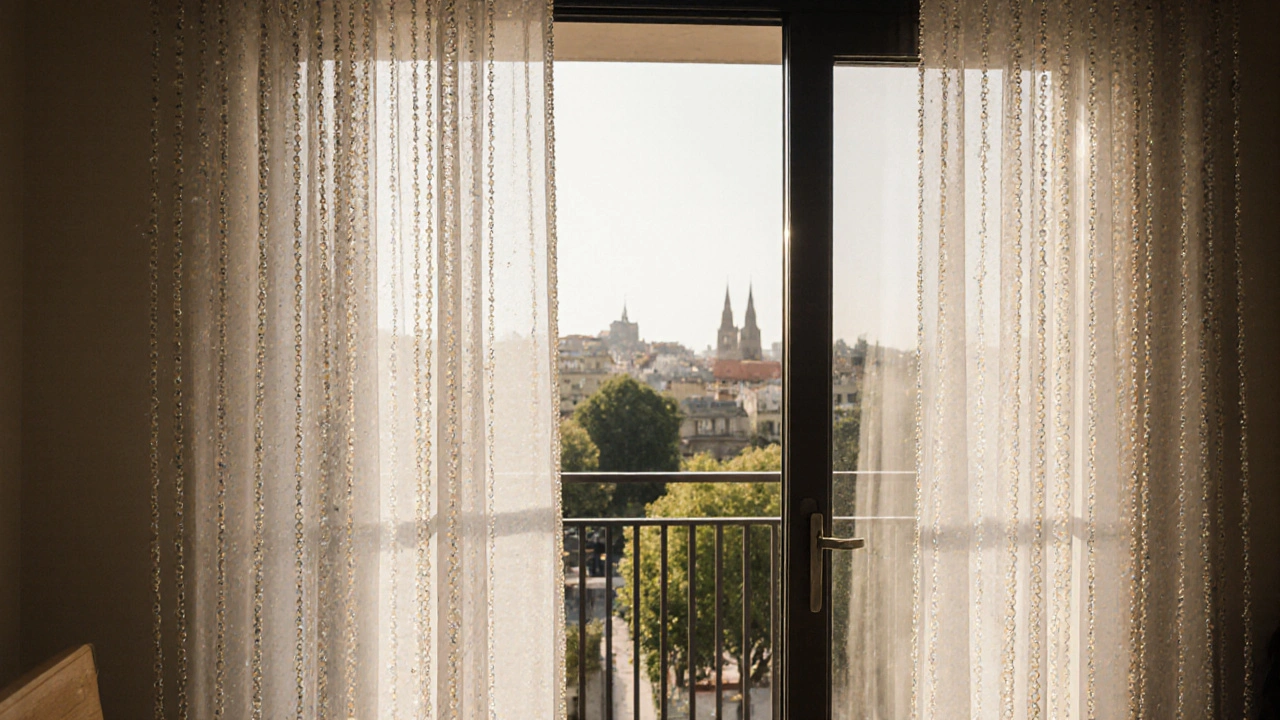 Balkónové dveře s perlovými závěsy a kombinací záclony a závěsu pro funkci i estetiku.