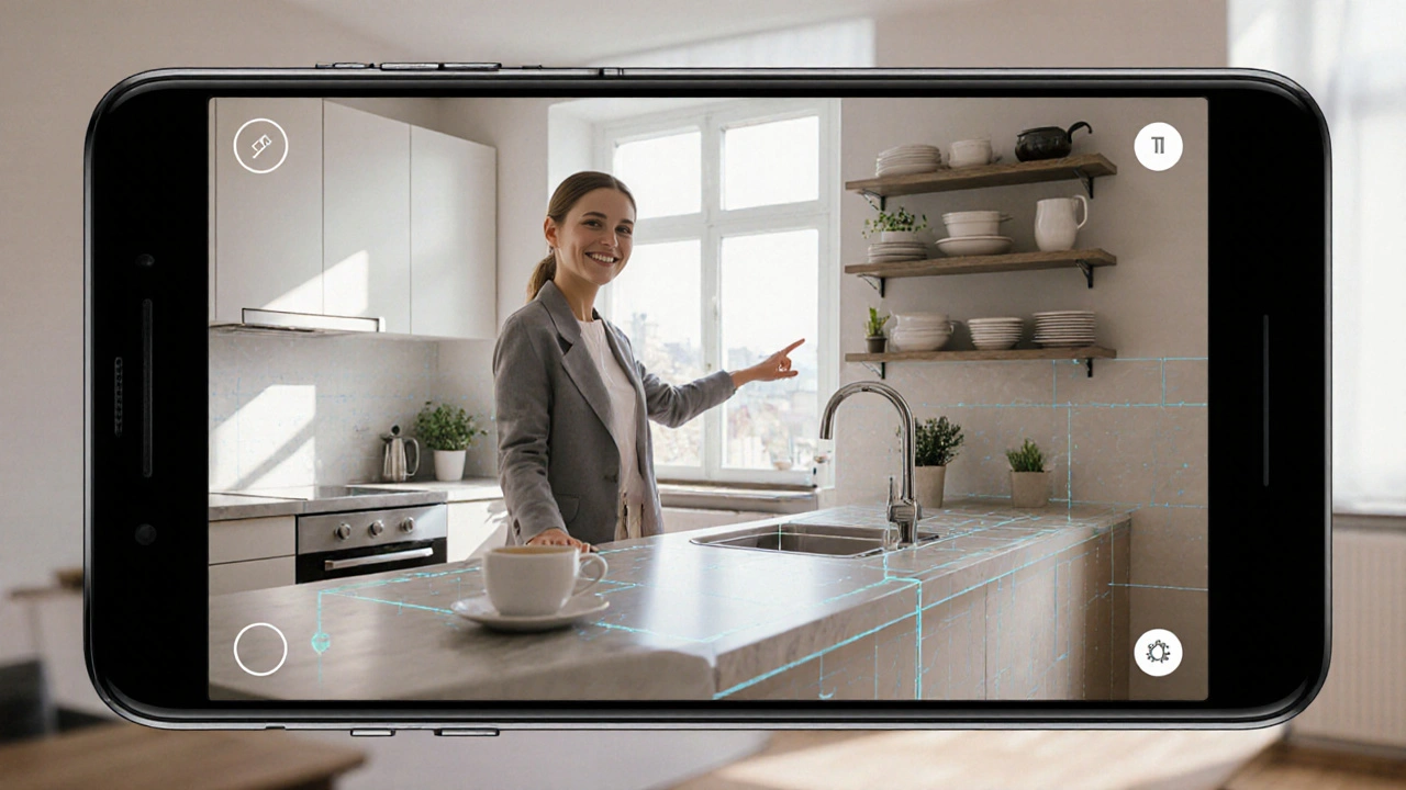 Chytrý telefon zobrazuje virtuální kuchyni přeskládanou na skutečném bytě, žena upravuje umyvadlo.