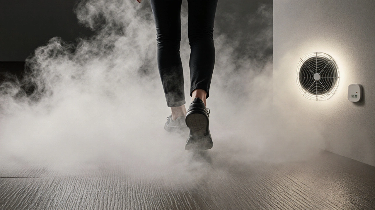 Člověk kročí na nekluzké dlažbě R12, zatímco senzor a ventilátor zabraňují vlhkosti.
