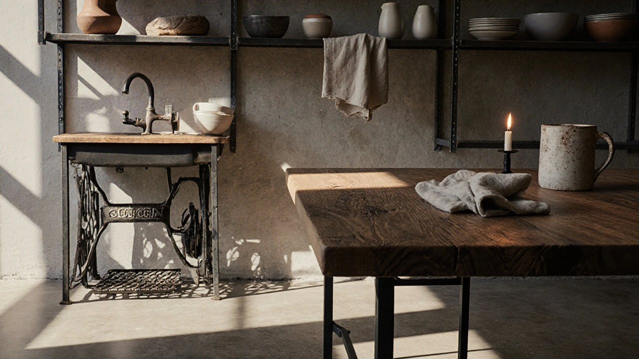 Dřevěný stůl na kovových nohách s keramikou a lněnými ubrusy na betonové podlaze.