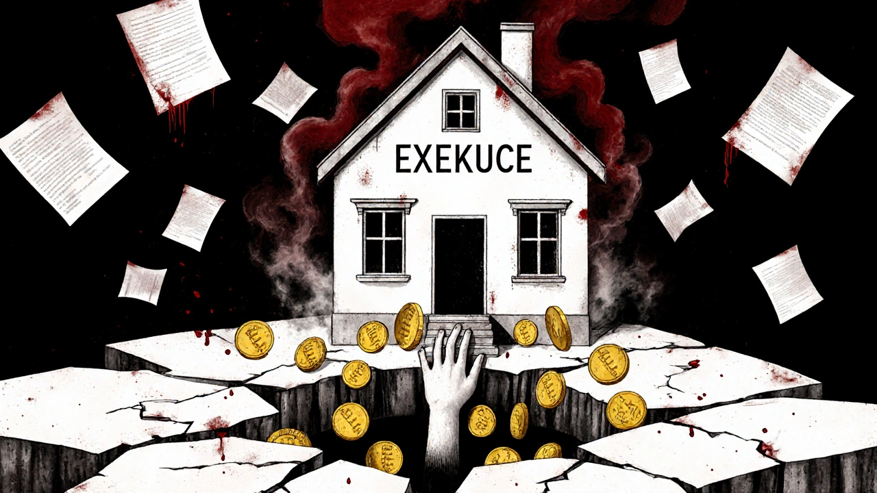 Dům na prasklé základně s penězi padajícími do propasti, symbolizující rizika exekuce.