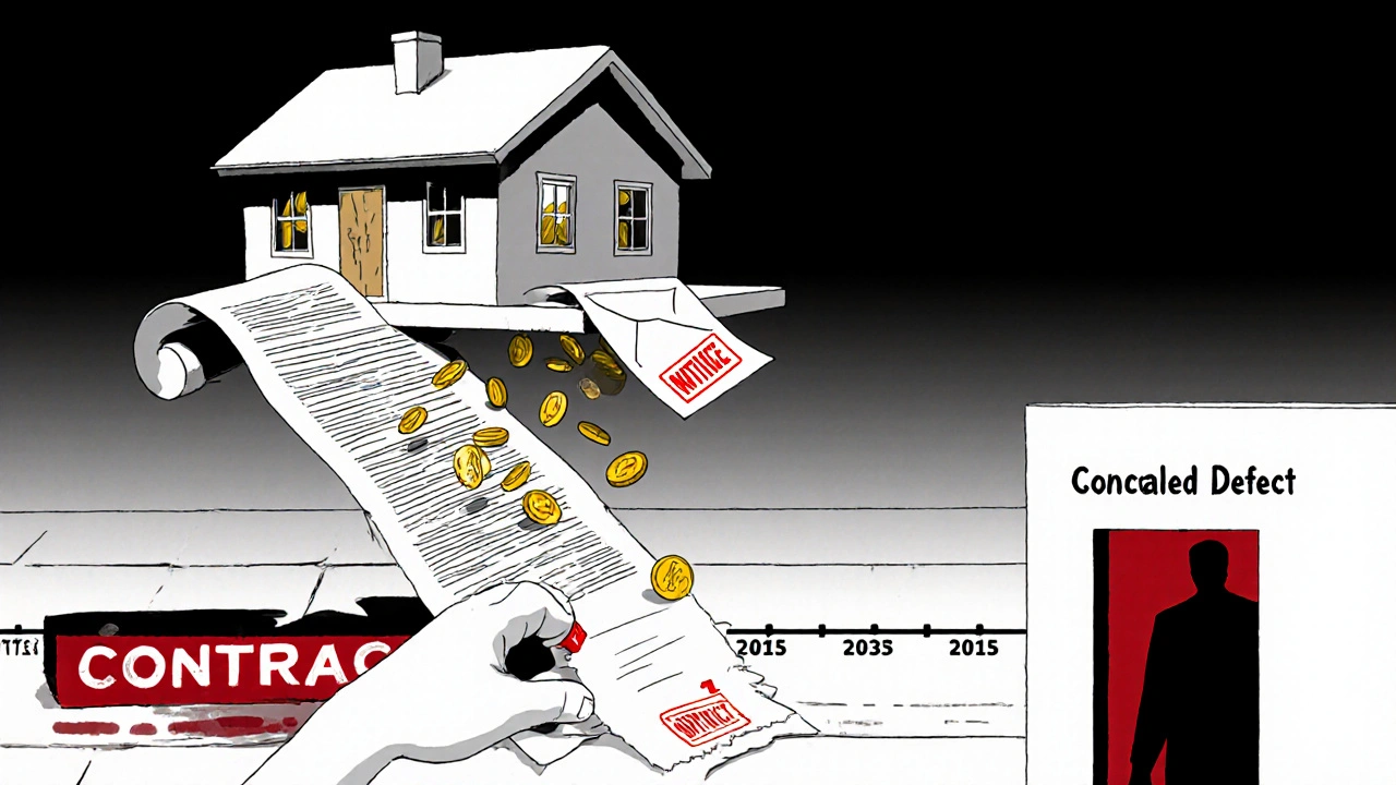 Dům plave nad roztrženou smlouvou, z něj padají peníze do propasti, symbolizující odstoupení od smlouvy.