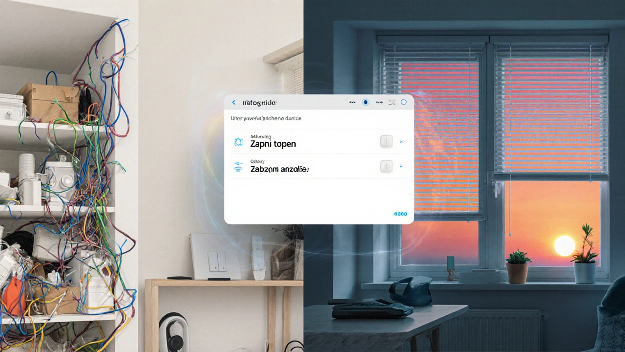 Dvě strany domu: tradiční ruční ovládání vs. moderní automatizovaný smart home s českými příkazy.