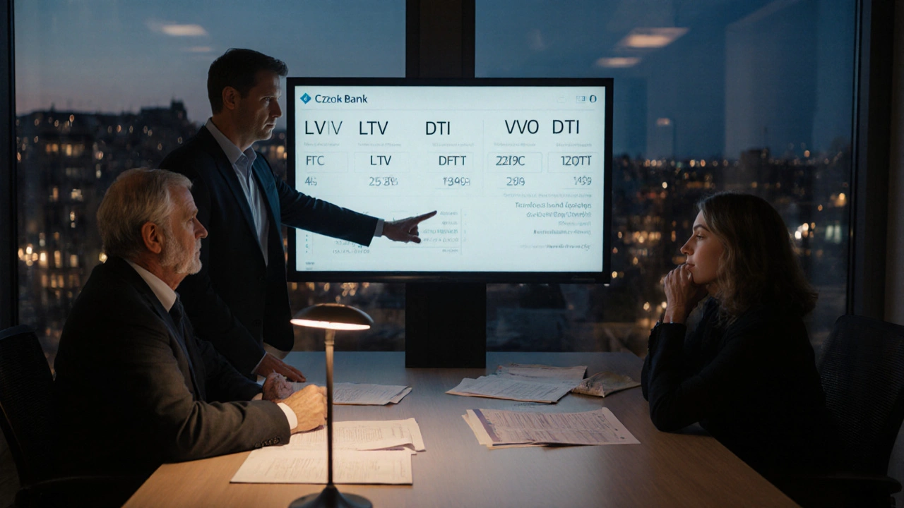 Finanční poradce v bankovní místnosti vysvětluje poměry LTV, DTI a DSTI klientům.