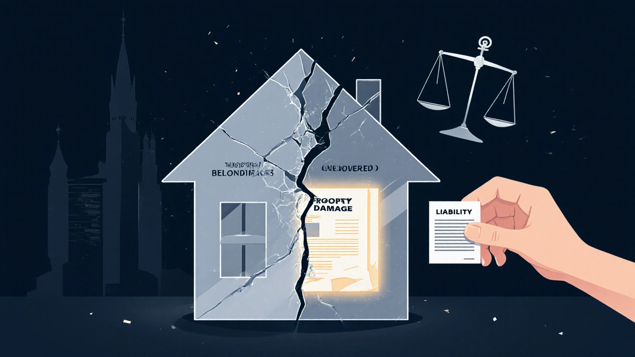 Fragilní dům s prasklinou, kterou opravuje pojistná smlouva odpovědnosti.