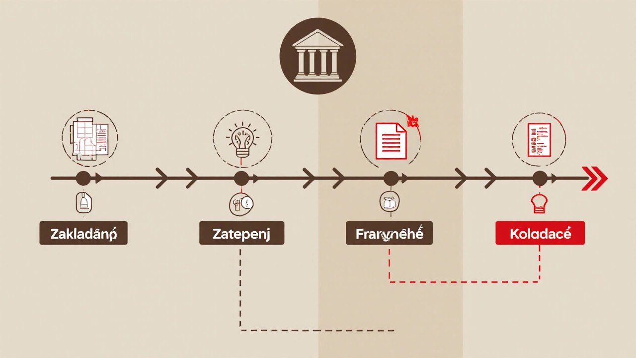 Grafické znázornění fází čerpání hypotéky při výstavbě domu s klíčovými dokumenty.