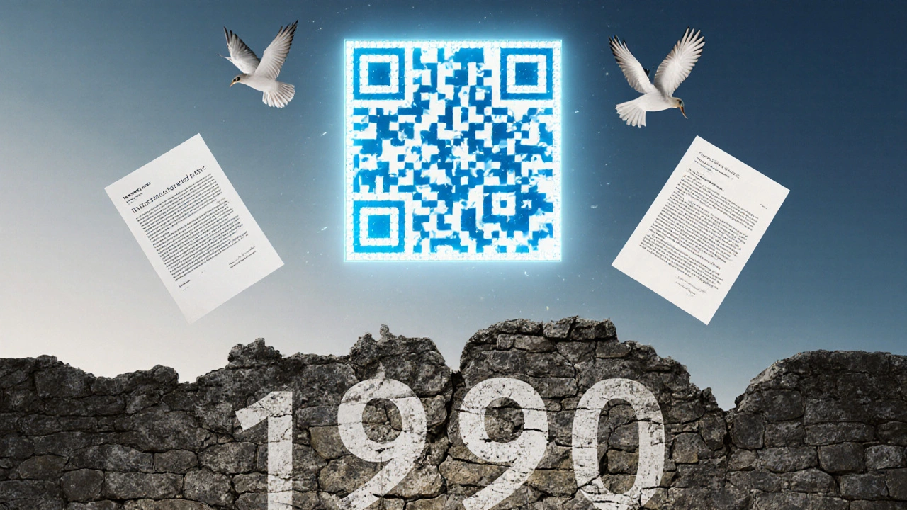 Historical property documents rising from a crumbling wall toward a digital QR code.