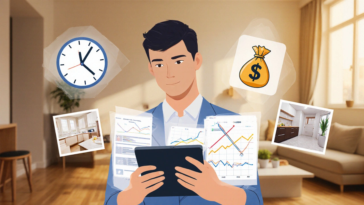 Investor analyzuje metriky úspěšnosti prodeje bytu: čas, cena a počet prohlídek ve formě vizuálních ikon.