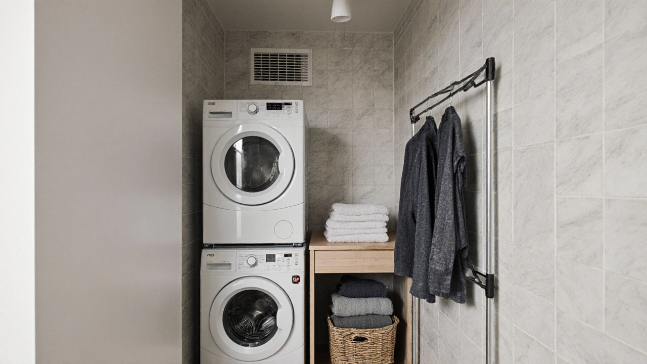 Kompaktní prádelna v Praze s vestavným košem pod pračkou, rozloženým sušákem a vysokým skládacím stolem.