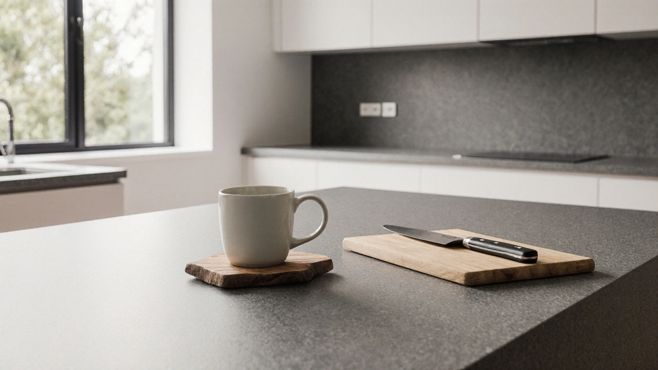 Kompozitní deska s keramickou šálkem na dřevěném podložce, bez poškození.