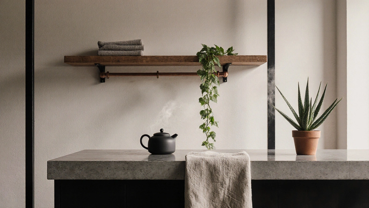 Kovové police s dřevem a rostlinou na betonové desce, ranní světlo a keramická konvice.