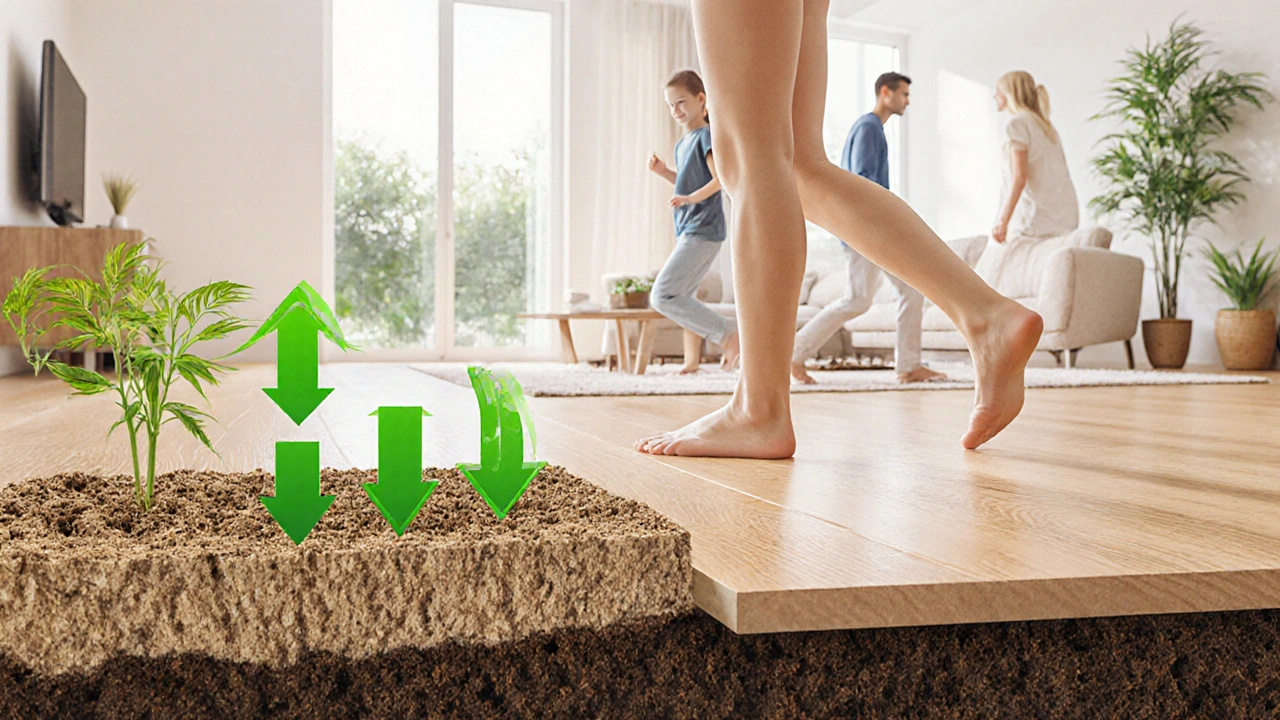 Křížový řez biomateriálové podlahy z konopí s negativní uhlíkovou stopou.