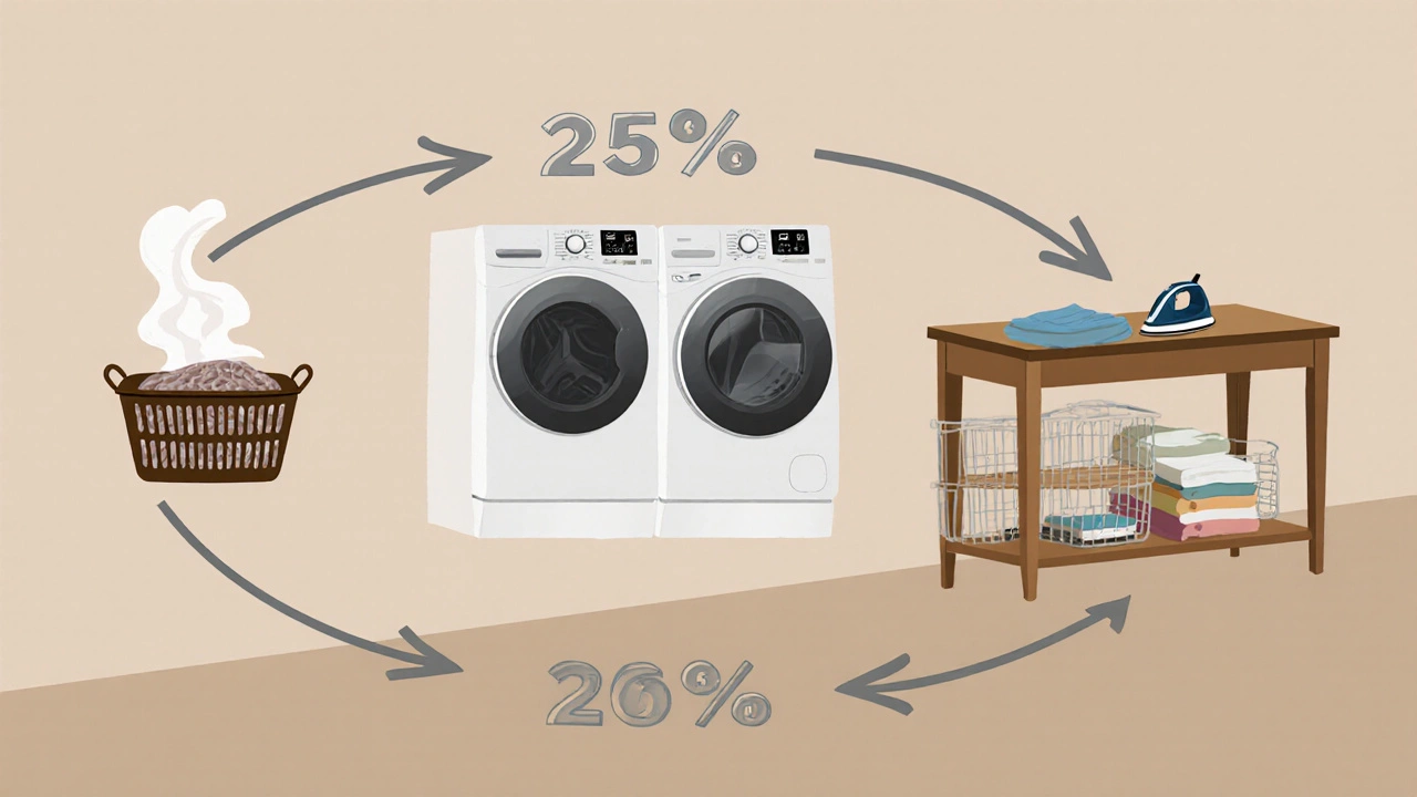 Kruhový tok práce v prádelně: špinavé prádlo → praní → skládání, s chytrou pračkou a police.