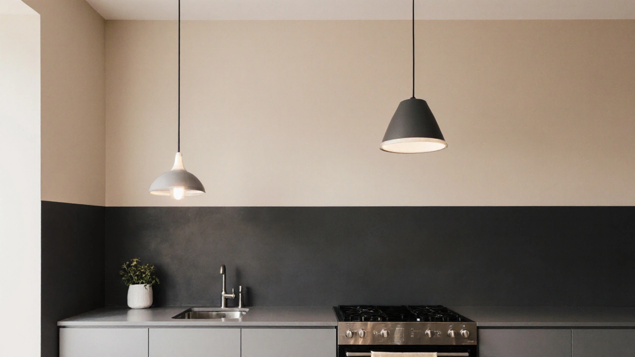 Kuchyně s horizontálním rozdělením stěny na tmavou a světlou část nad skříněmi.