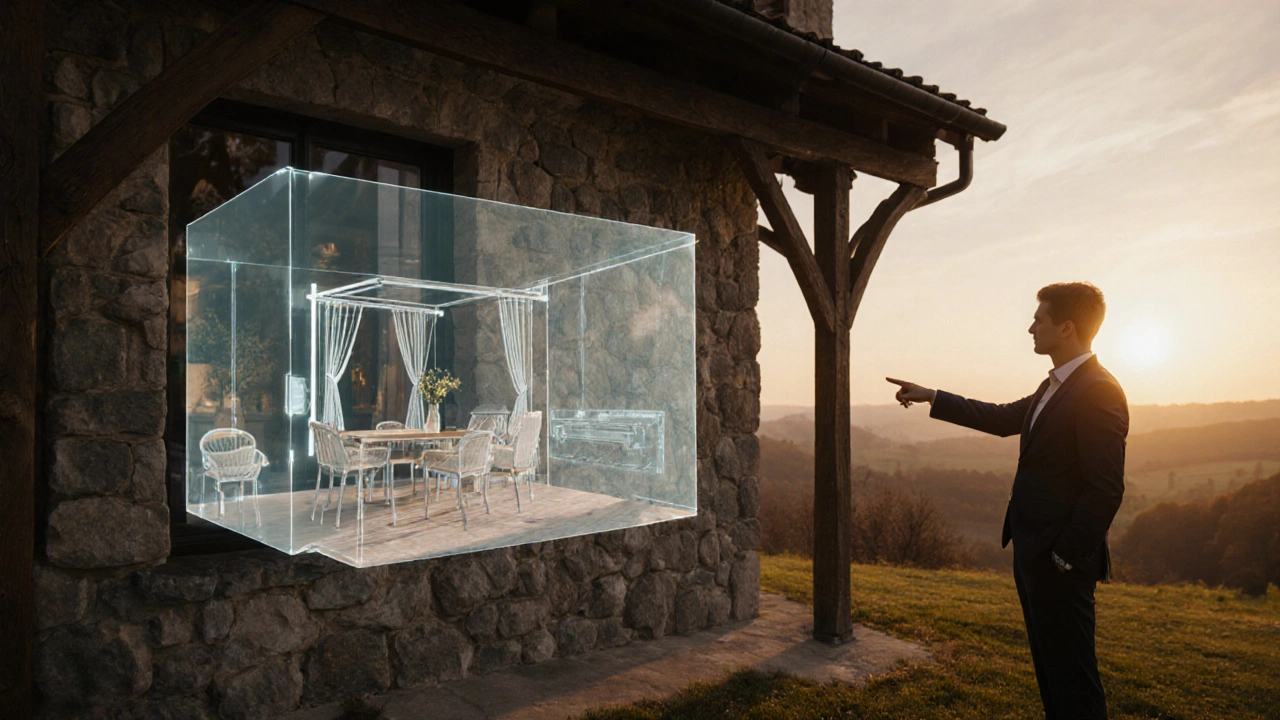 Luxusní dům v české krajine s překrývající se 3D holografickou prohlídkou.