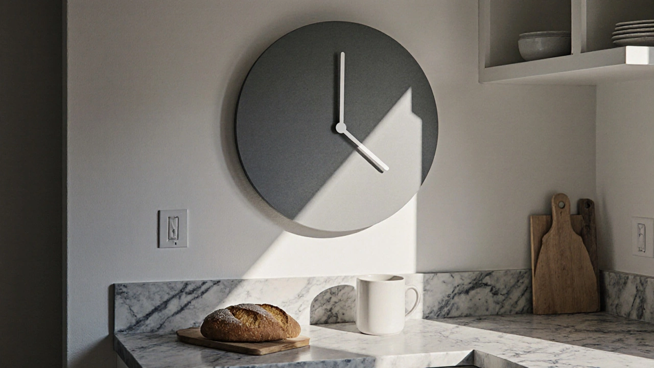 Malé šedé hodiny s jednou šipkou nad kuchyňským stolem.
