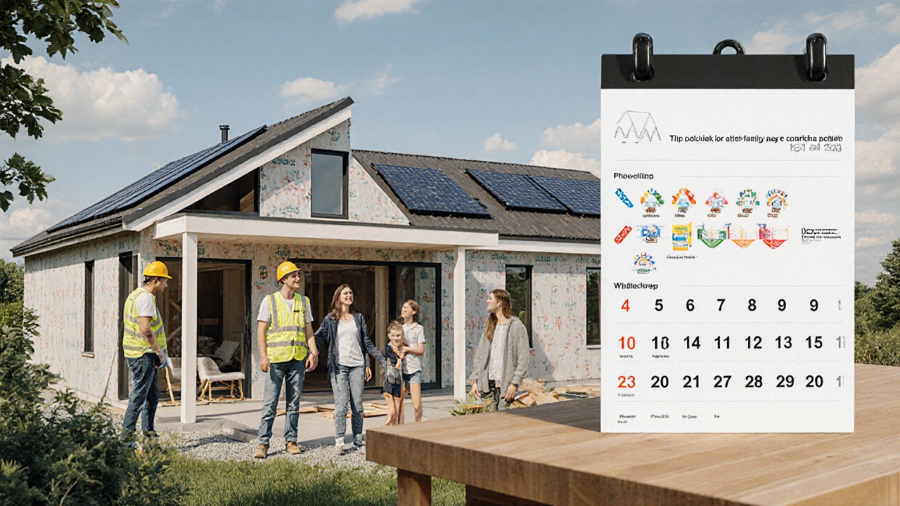 Modulární dům pod výstavbou s rodinou sledující stavbu