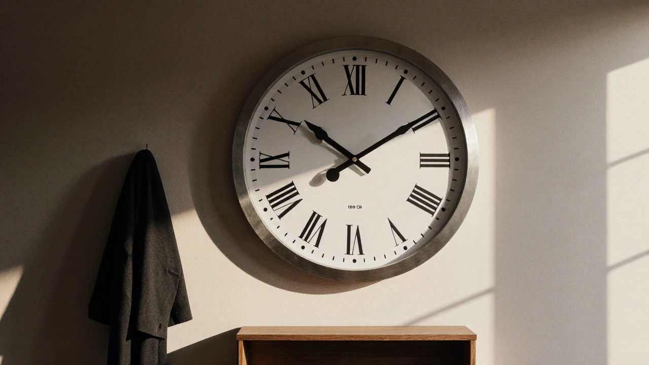 Obří kovové hodiny na vysoké stěně vstupní haly.