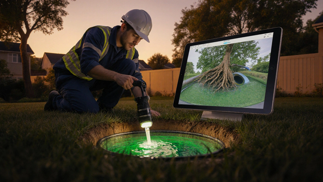 Odborník provádí kamerovou prohlídku kanalizace v zahradě, viditelné poškození trubky.