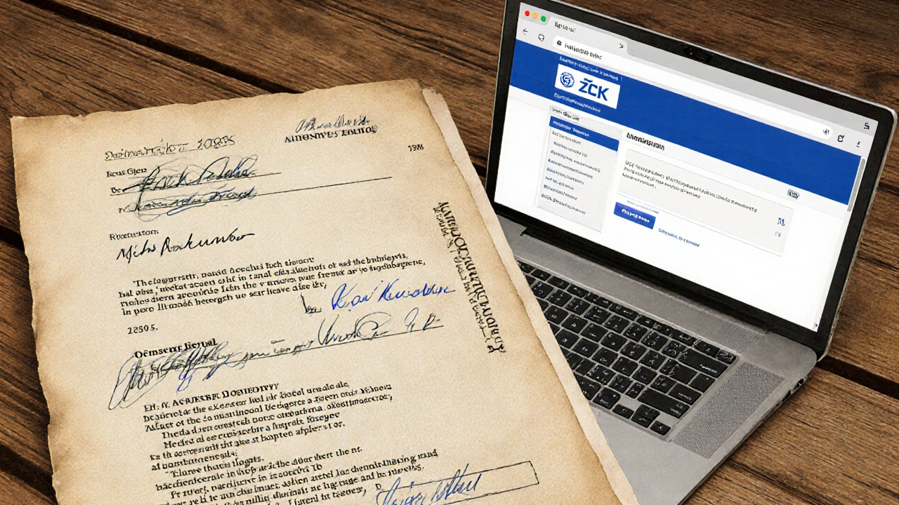 Old property deed from the 1980s next to a laptop showing the Czech land registry website.