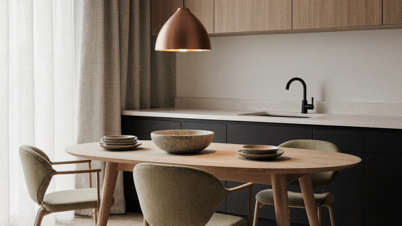 Oválný dřevěný stůl s křesly v kuchyni pod teplým světlem lustry