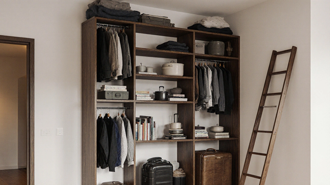 Police až ke stropu s uspořádanými předměty v kompaktním bytě.