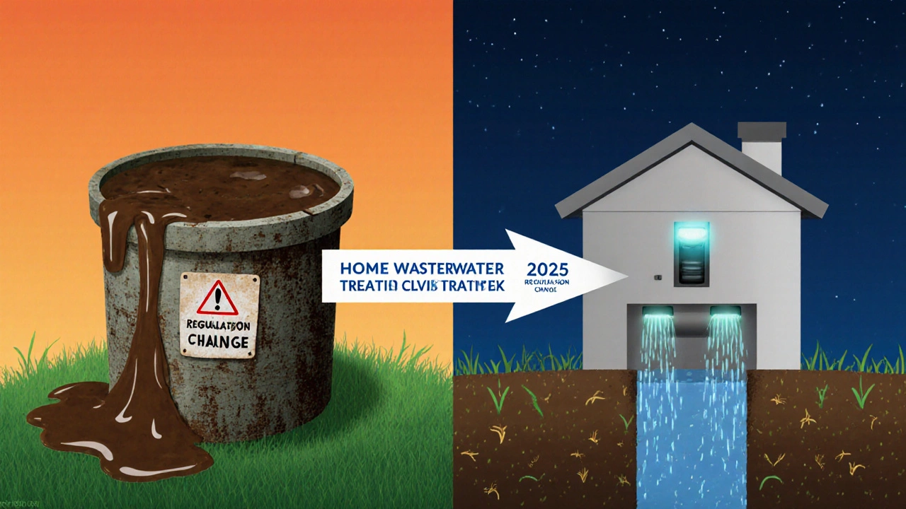 Porovnání septiku a domovní čistírny odpadních vod s označením změny zákona v roce 2025.