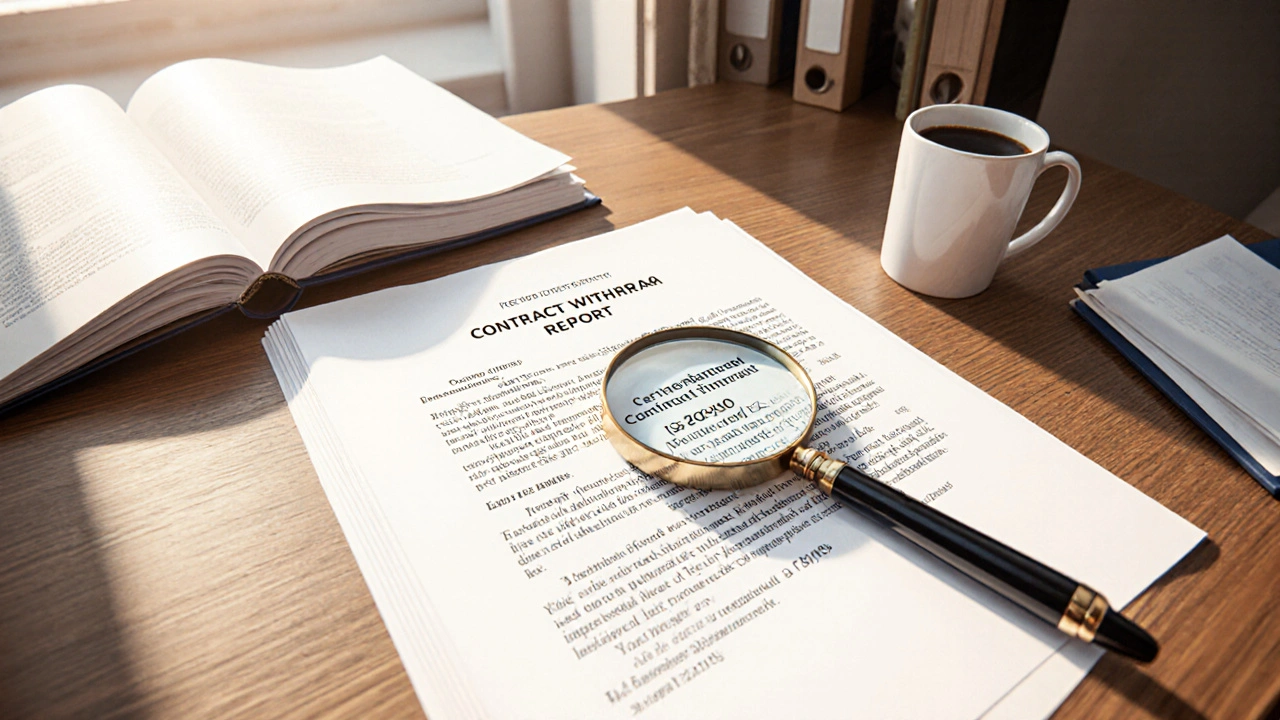 Právní dokument s znaleckým posudkem na stole v advokátní kanceláři.