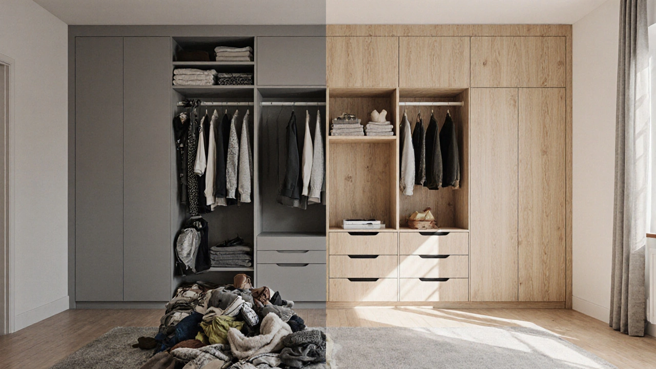 Před a po: nahromaděný nábytek vs. čistá vestavěná skříň s moderním uspořádáním.