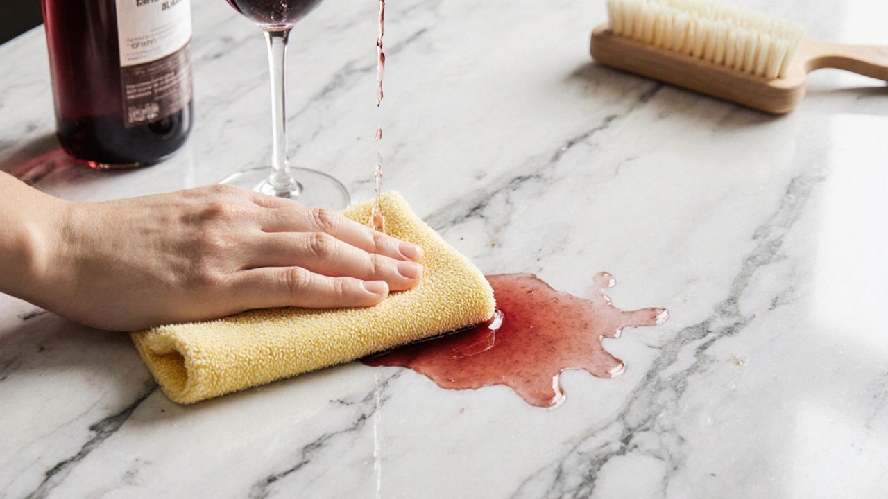 Přírodní kámen s tečkou červeného vína, která se právě čistí měkkým hadříkem.