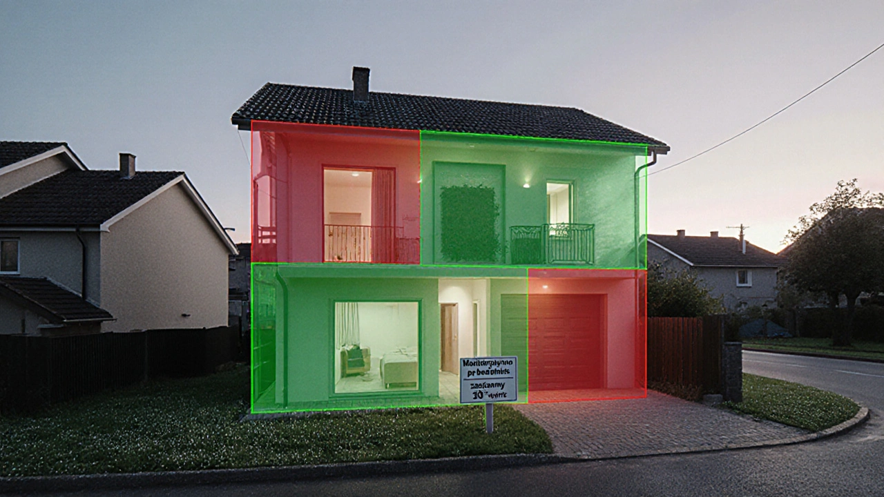 Průhledný dům s barevnými zónami označujícími legální a nelegální oblasti nahrávání, s informační tabulkou v češtině.